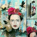Frida with the Crow, technique mixte, 17x23cm, toile - Vendu